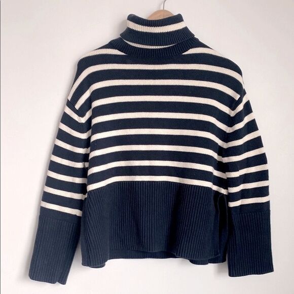 GAP Striped Navy White Cropped Oversized Slouchy Cotton Sweater XXS Nautical New - Picture 2 of 11